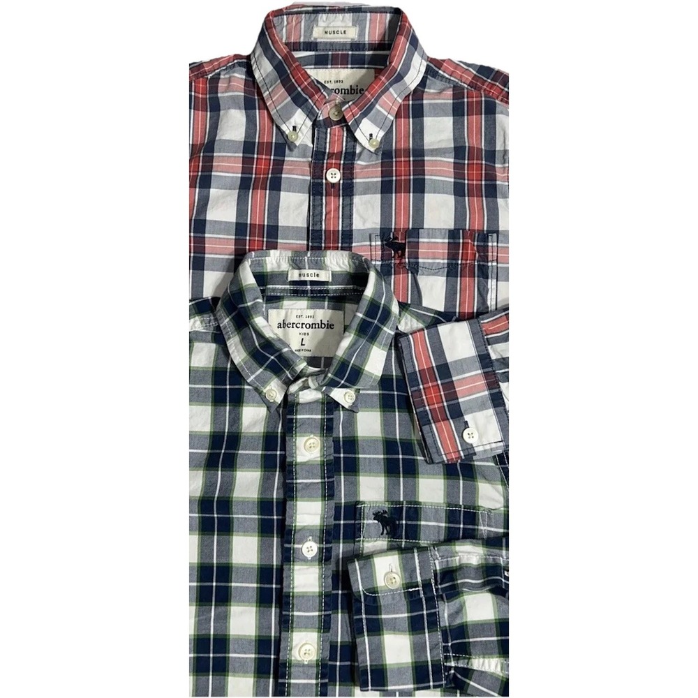 Abercrombie and Fitch Kids Boys Muscle Plaid Button Down L/S Shirt Lot Of 2 Larg